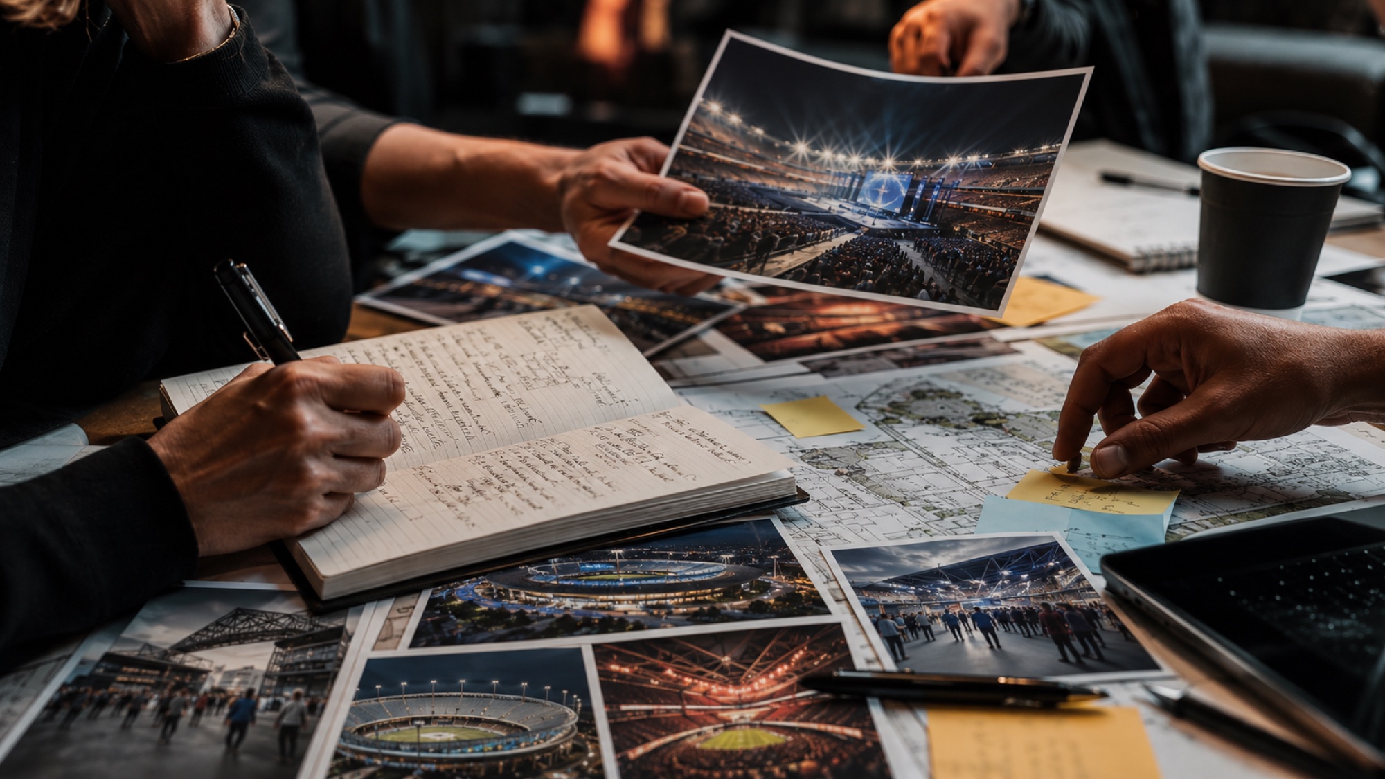 Researchers reviewing venue photographs and notes while shaping the stories