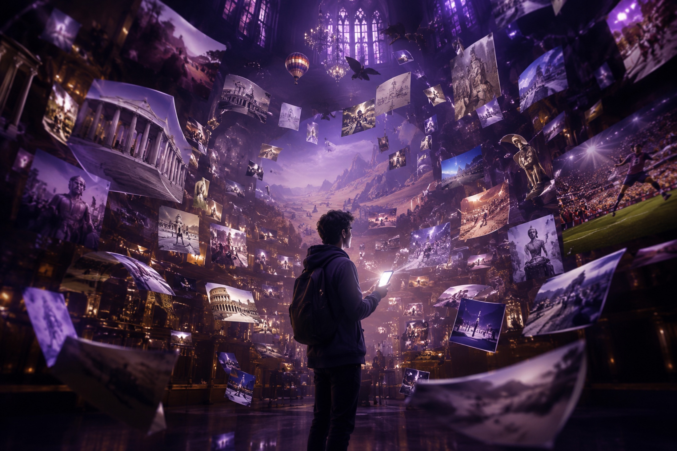 A visitor surrounded by a hall of stories, unlocked from a single phone