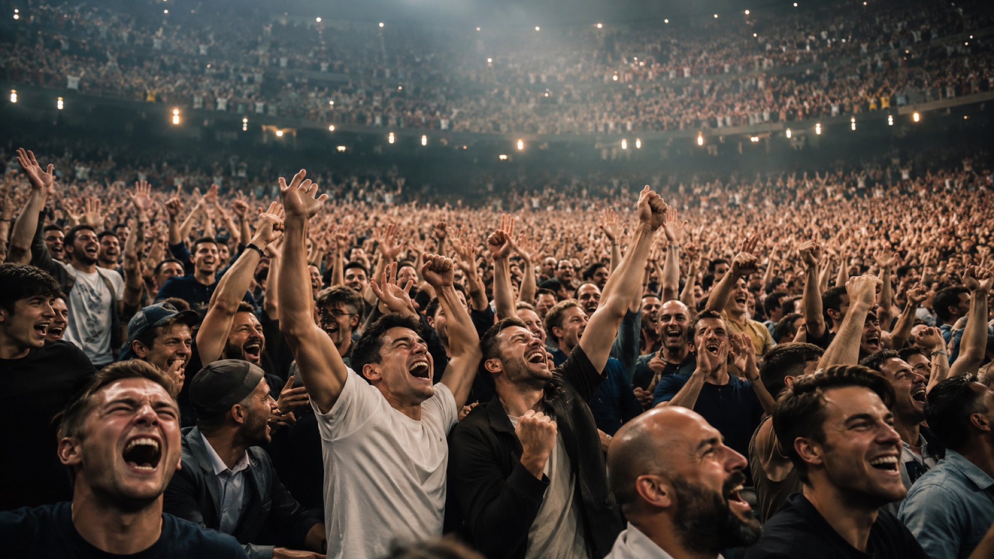 A jubilant crowd with arms raised, the impact of a shared moment