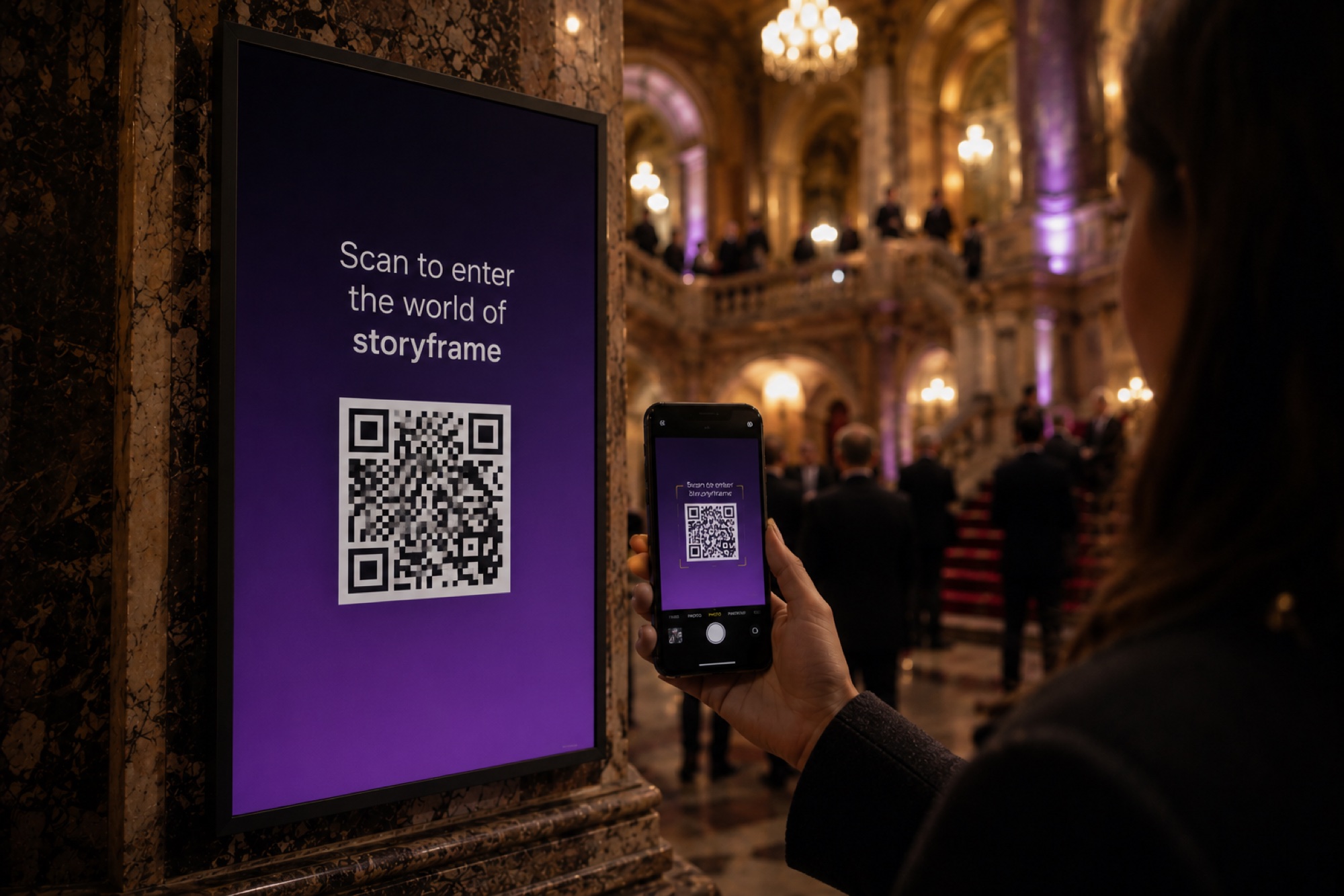 A guest scanning a StoryFrame QR code to enter the experience